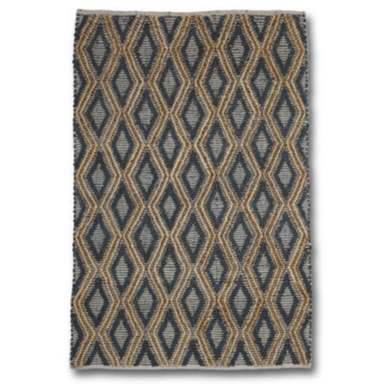 Lux Geometric Handmade Flatweave Navy Blue  Brown HighLow Diamond Patterned Jute Area Rug By Tufty Home