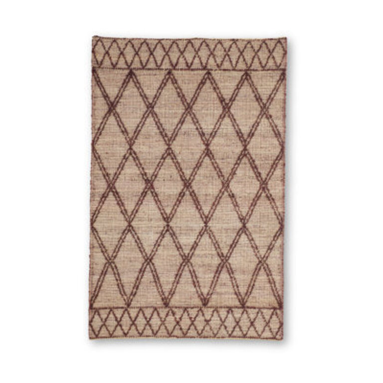 Bohemian Geometric Handmade Flatweave Brown and Burgundy Diamond Patterned Jute Area Rug by Tufty Home