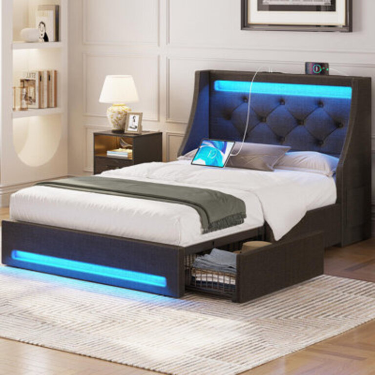 Komor Upholstered Storage Bed with Charging Station and LED Lights