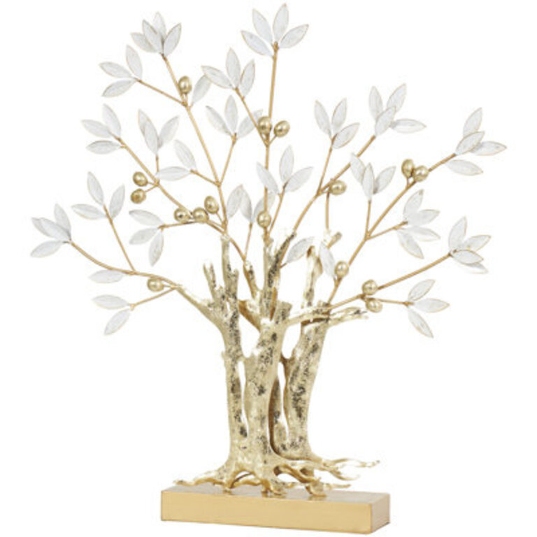 Gold Metal Aymerick Metallic Tree Decorative Sculpture with White Leaves