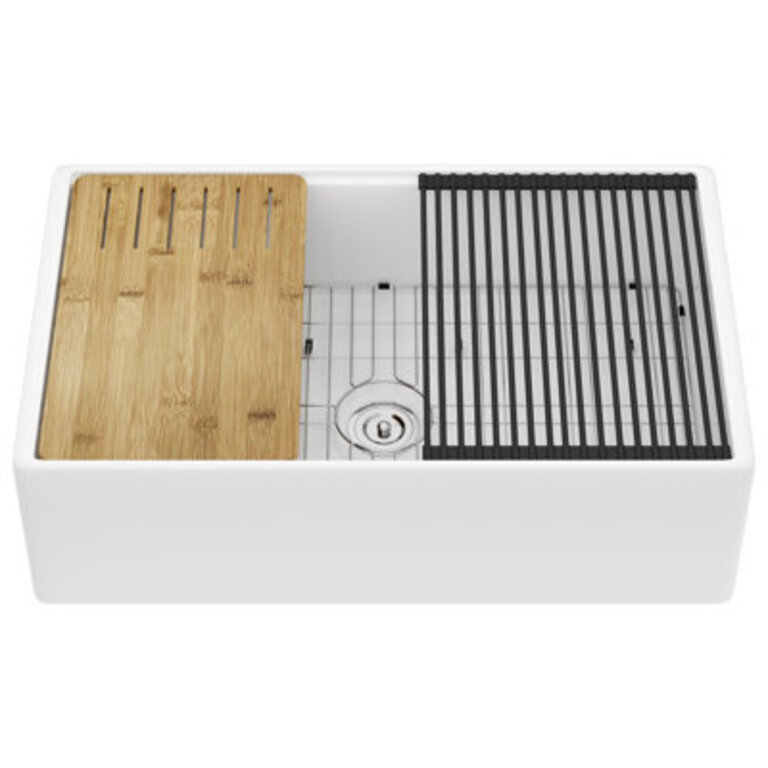 33L x 20W Farmhouse Kitchen Sink Deep Single Bowl Fireclay Workstation Sink with Cutting Board and Dish Drying Rack