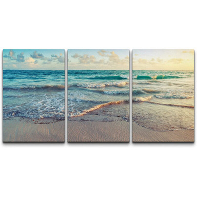 Coastal Beach Sunrise On Ocean Waves Crashing Artwork Soft Blue-Green Modern Beachy Decor Wall Pictures Framed Canvas Giclee Print 3 Pieces Wall Art 16x24x3 pcs 24x36x3 pcs