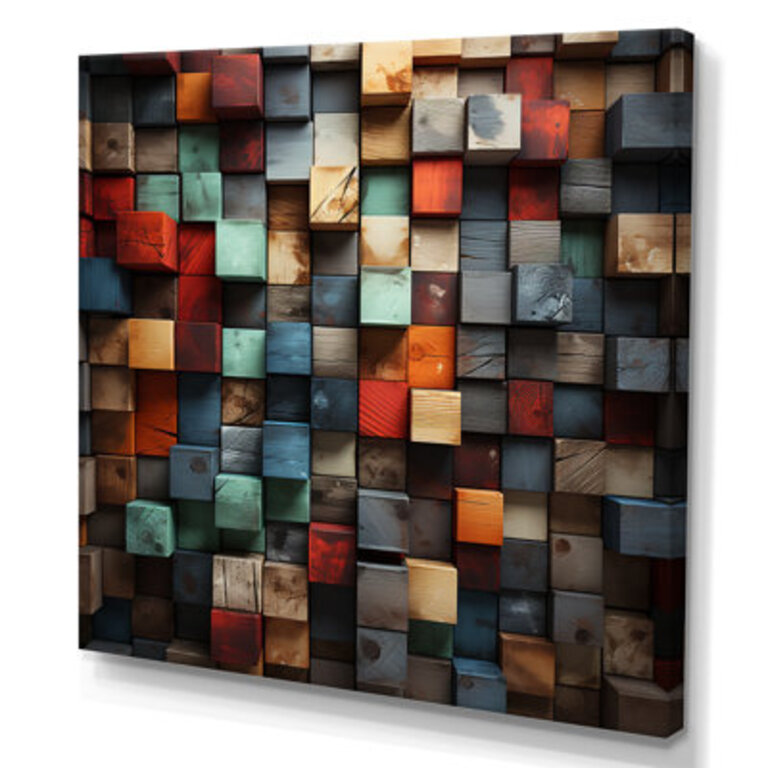 Blue And Red Abstract Cubes II - Abstract Cubism Wall Art Print