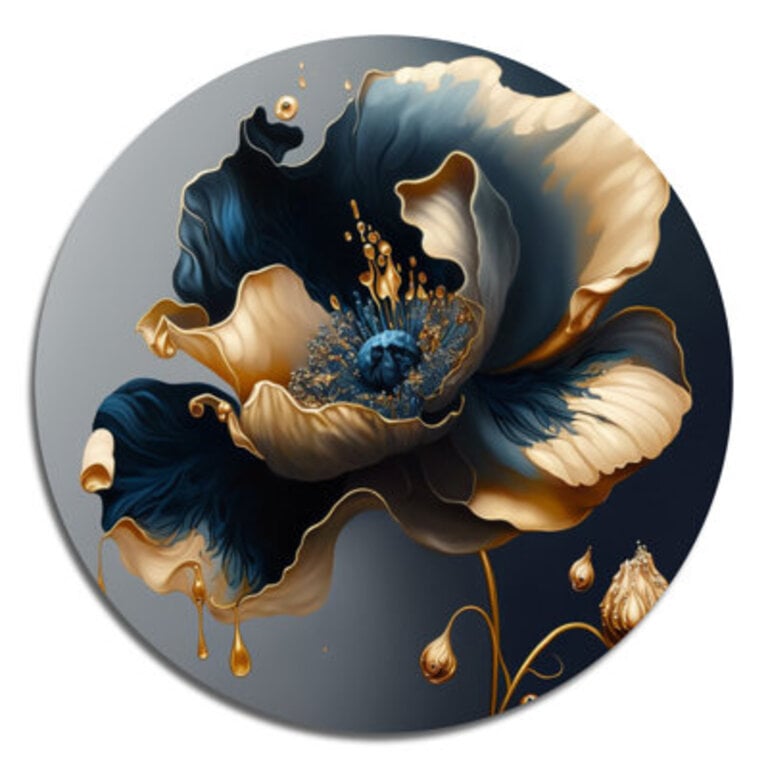 Deep Blue And Gold Single Flower II - Floral Round Wall Art on Metal