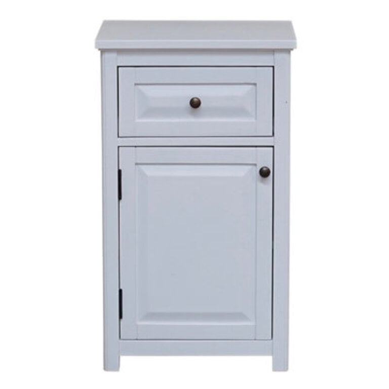 Dorset Bathroom Storage Tower - Open Upper Shelves Lower Cabinet and Drawer Adjustable Shelving Zinc Metal Hinges Includes Anti-Tipping Strap Floor Levelers Metal Glides - White
