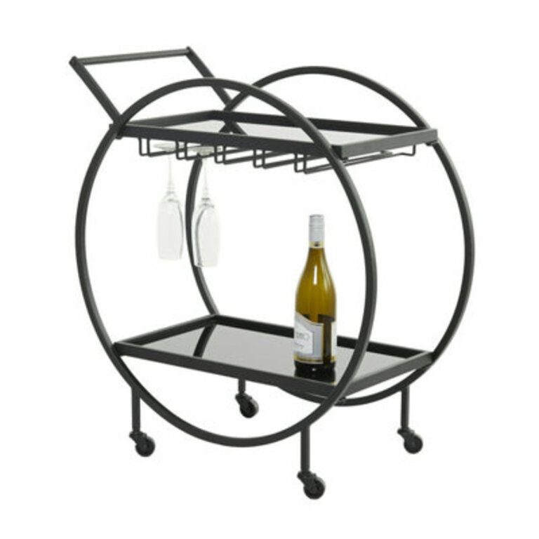 Metal Rolling 2 Mirrored Shelves Bar Cart with Wine Glass Storage and Handle