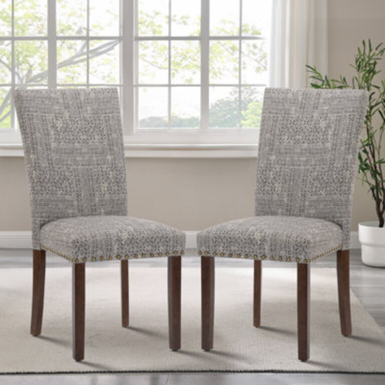 Nailhead Trim Fabric Upholstered Side Chair Wood Dining Chair Set of 2