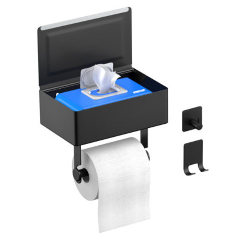 Wall Mount Toilet Paper Holder With Wet Wipes Storage  2 Hooks