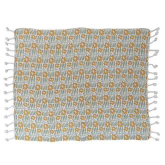 Soft Woven Reclaimed Cotton Blend Printed Throw with Flowers and Pompom Tassels