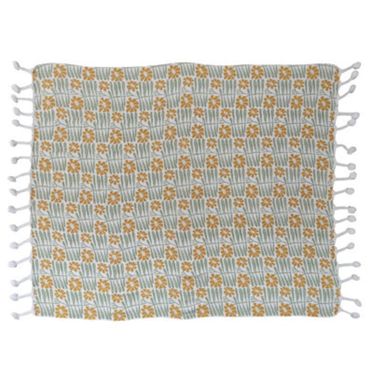 Soft Woven Reclaimed Cotton Blend Printed Throw with Flowers and Pompom Tassels