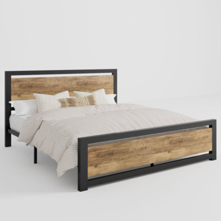 Marilee Wood and Black Metal Frame Bed with Headboard