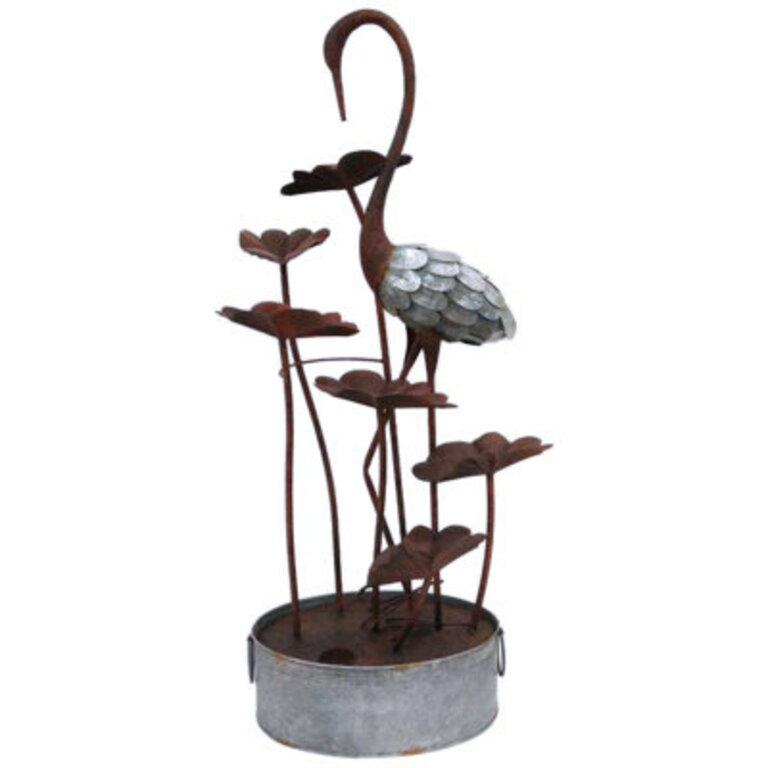 Metal Crane with Leaves in a Pail Fountain