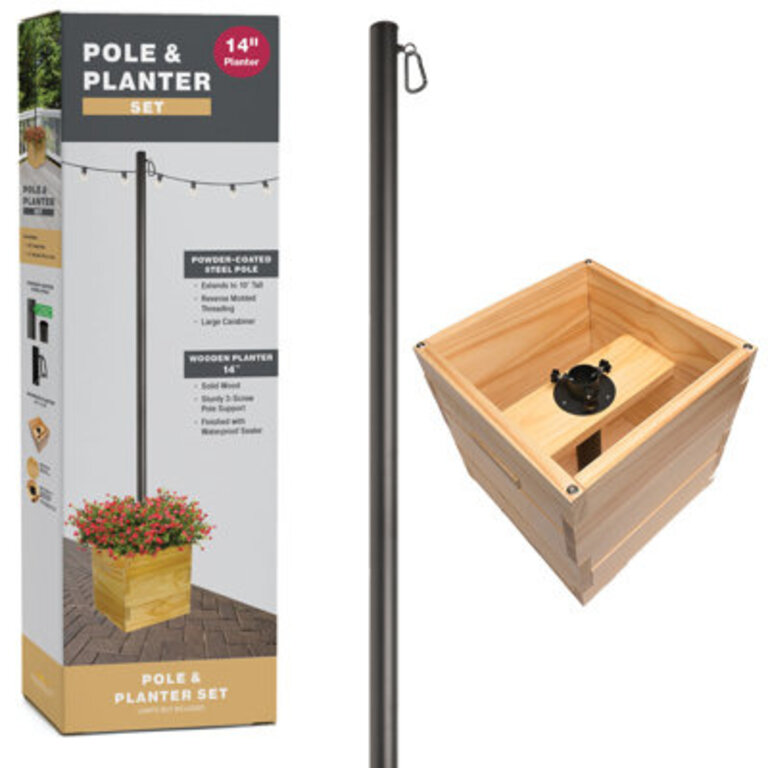 Jullisa Wood Planter Box with Extendable Metal Light Pole Set