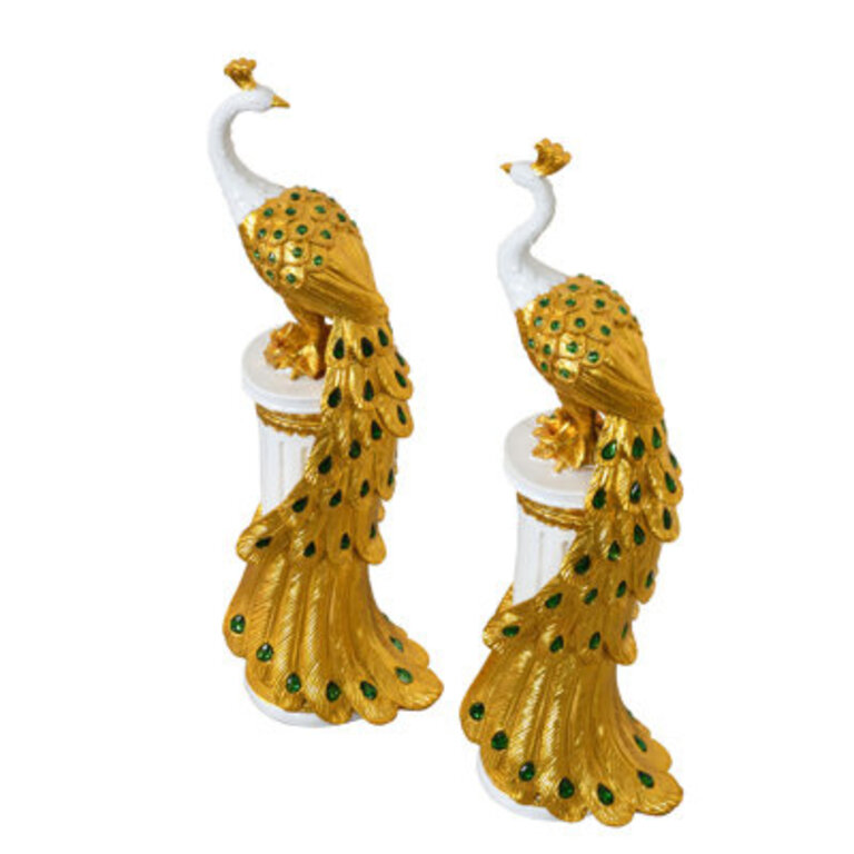 Shamong Golden Emerald Peacocks on Pedestal