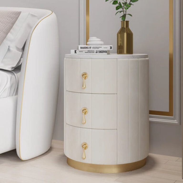 Nightstand with Storage Round Nightstand with 3 Drawers Stone Top