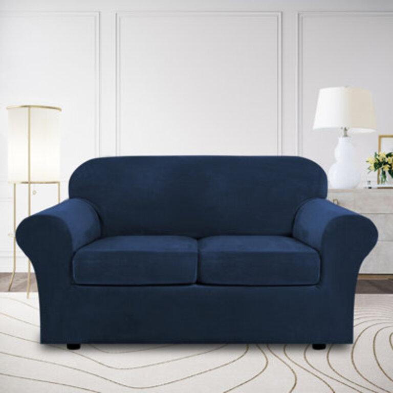 Soft Velvet Plush 3 Piece Stretch Loveseat Sofa Slipcover for 2 Cushion Couch Machine Washable