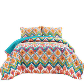 Boho TurquoiseOrangePurple Standard Cotton Reversible 3 Piece Quilt Set