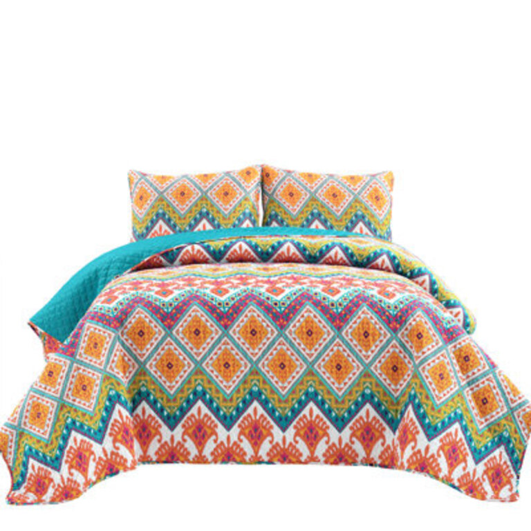 Boho TurquoiseOrangePurple Standard Cotton Reversible 3 Piece Quilt Set
