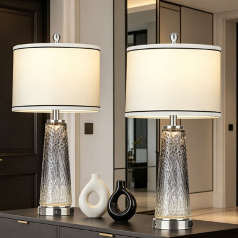 Taifa Glass Table Lamp with Nightlight and USB Charging Ports AC Outlet