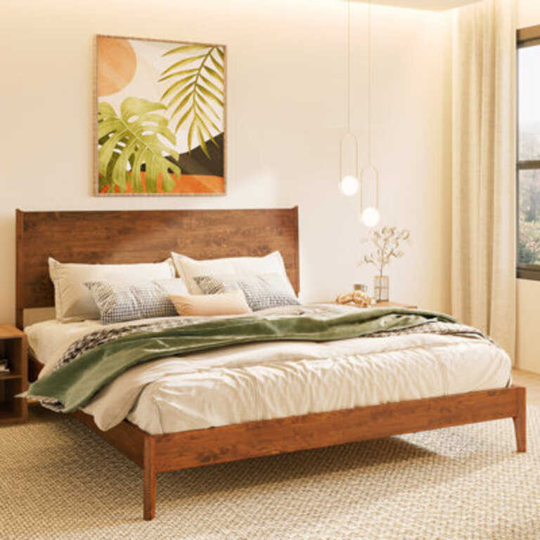 Solid Wood Bed Frame with Headboard  800lbs Capacity Scandinavian Platform Bed 5 Years Warranty Non-Slip and Noise-Free