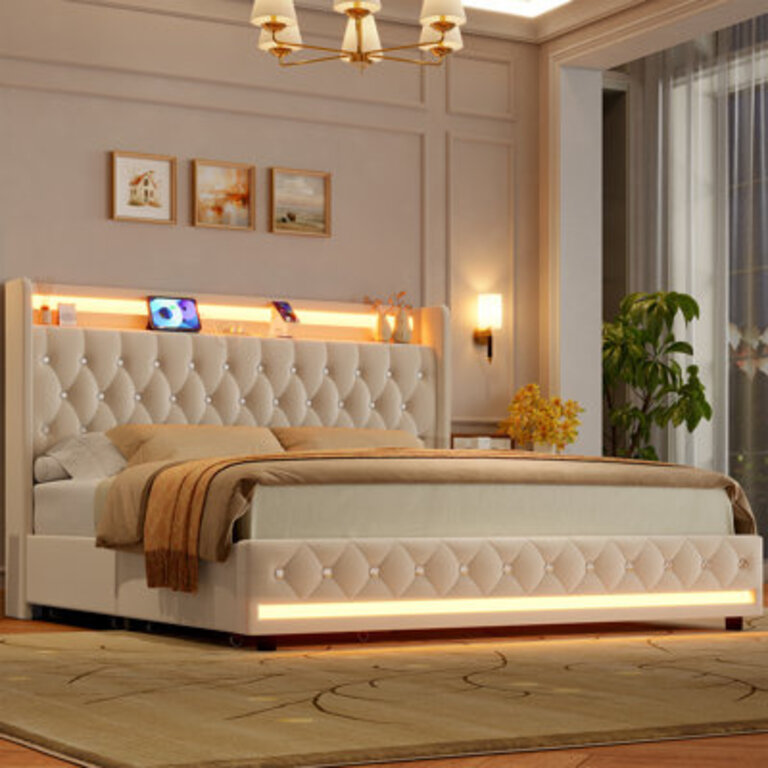 Glastonbury Velvet Upholstered Wingback Storage Bed with LED Lights