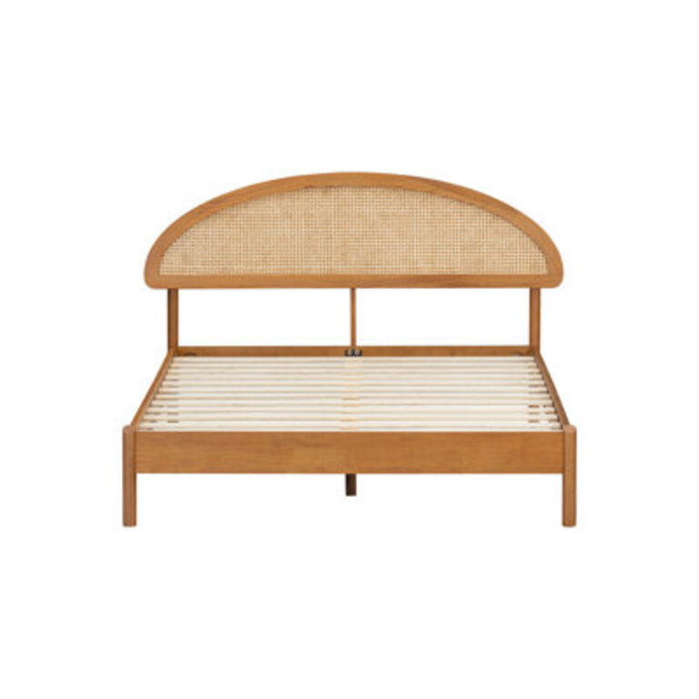 Gem Solid Wooden Bed Frame With Headboard And Natural Rattan 1000 Lb Capacity