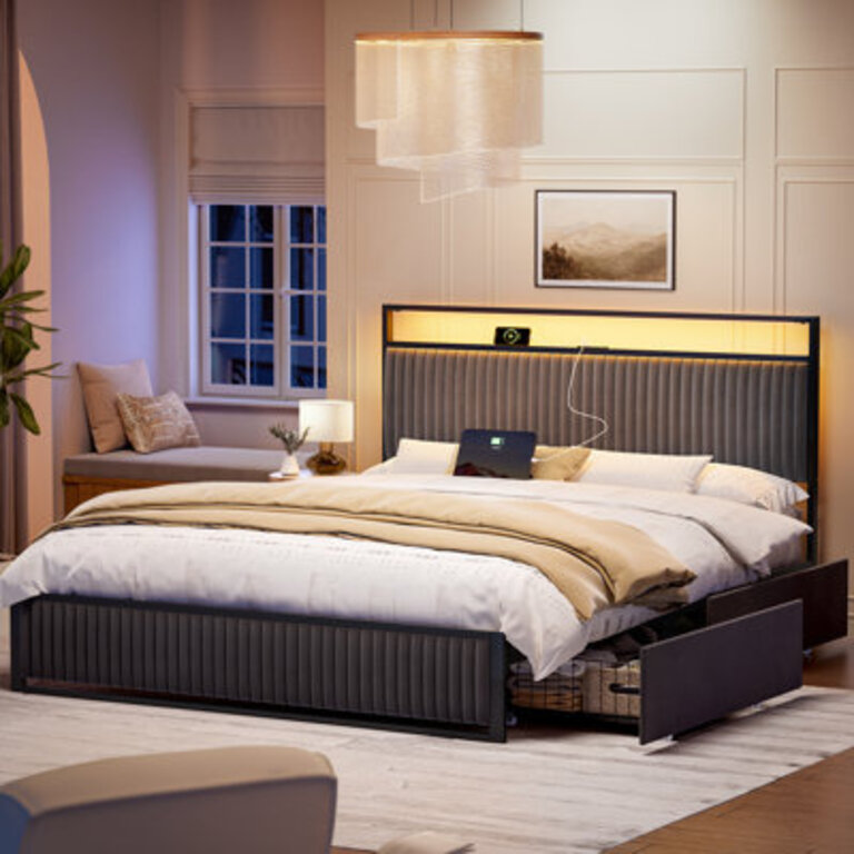 Antioch Upholstered Platform Bed with 2-Drawer Storage and Charging Station