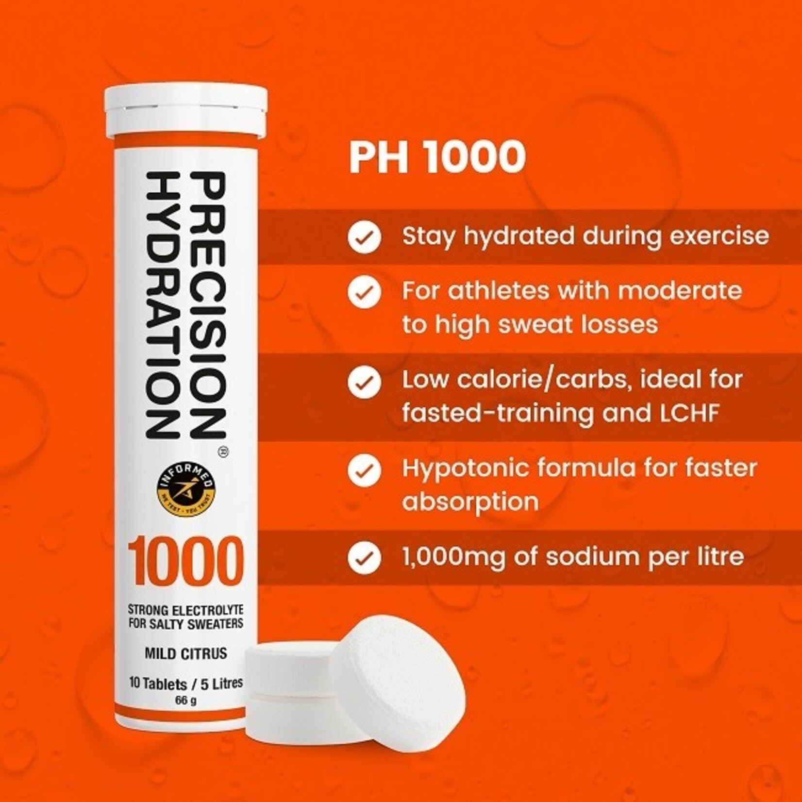 Precision Fuel & Hydration Precision Hydration Effervescent Electrolyte Tablets PH 1000, 10 Serving Tube
