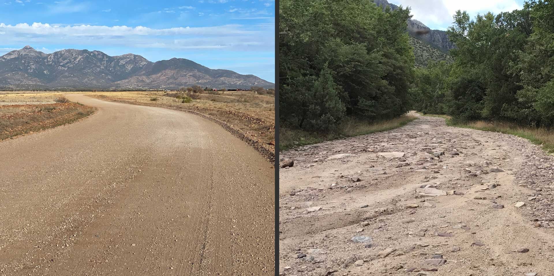 left - a gravel rider's dream surface | right - what you're more likely to encounter
