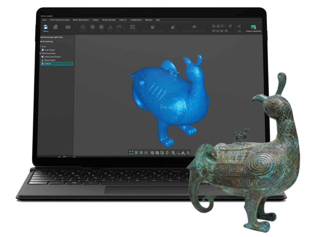 Laptop with 3DeVOK Studio open. A bronze statue of a bird is standing in front of it. In the software you see a 3D scan of the same bird
