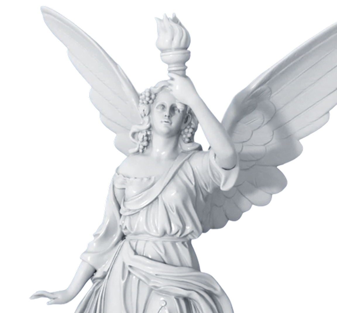 3D render of a marble statue of an angle holding a torch.