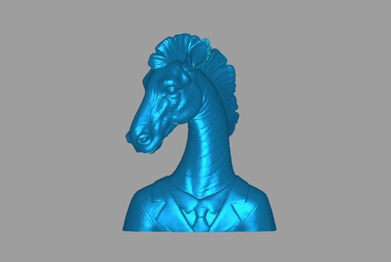 3D scan of a stuatue of a bust of a zebra in a costume.