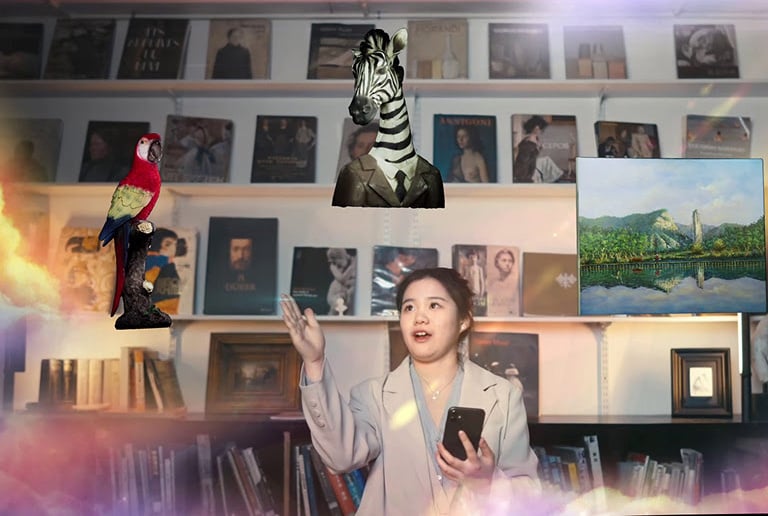 Woman in a virtual world looking at floating 3D objects: a parrot sitting on a branch, a zebra costume as a bust and a painting.