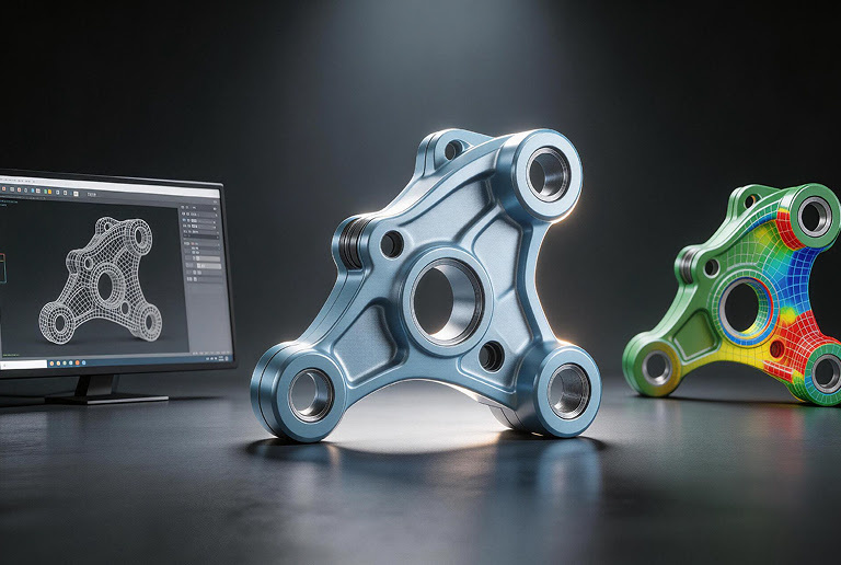 3D rendered model of a machine part in front of a laptop with the same model showing on the screen.