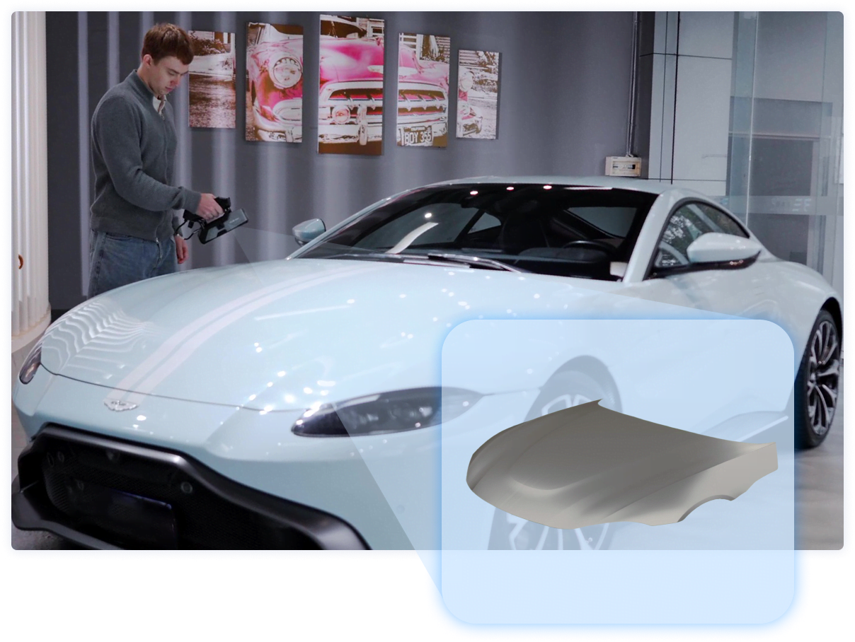 Man scanning a lightblue sports car with the 3DeVOK MT Gen2. There is a cutout of a 3D render of the hood of the car.