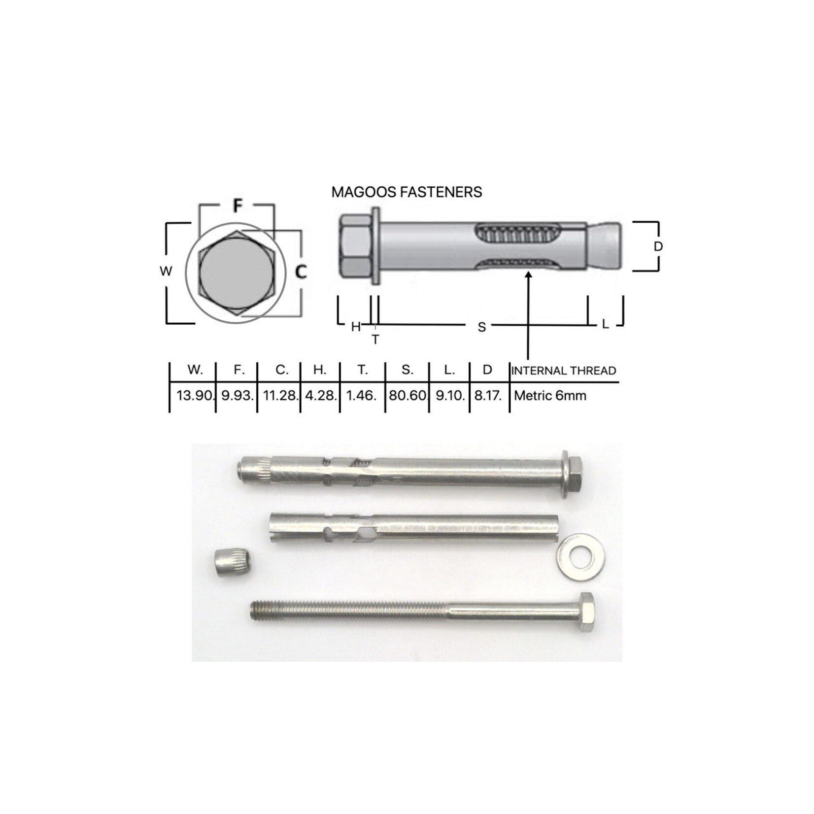 SS-316 SS316 Dynabolt Flush Head 8mm X 90
