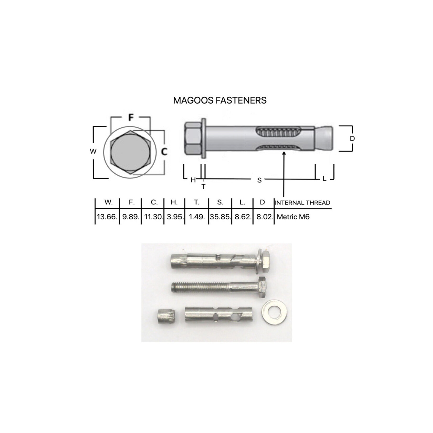 SS-316 SS316 Dynabolt Flush Head 8mm X 45