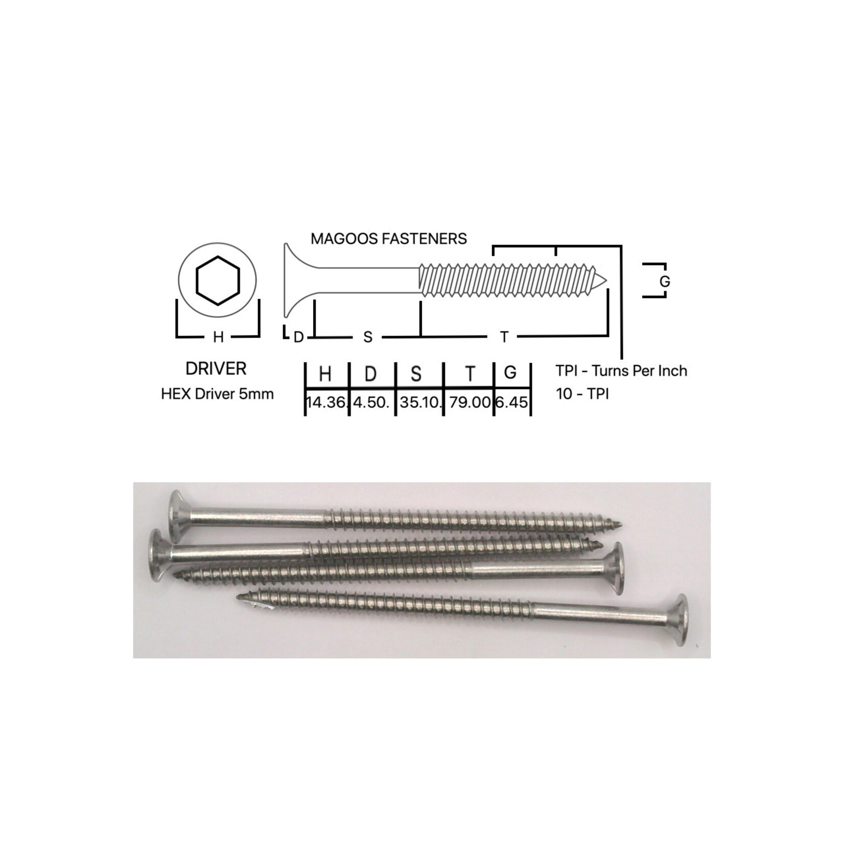 Screws SS316 Type 17 Bugle Batten 14-10 X 125 HEX Drive