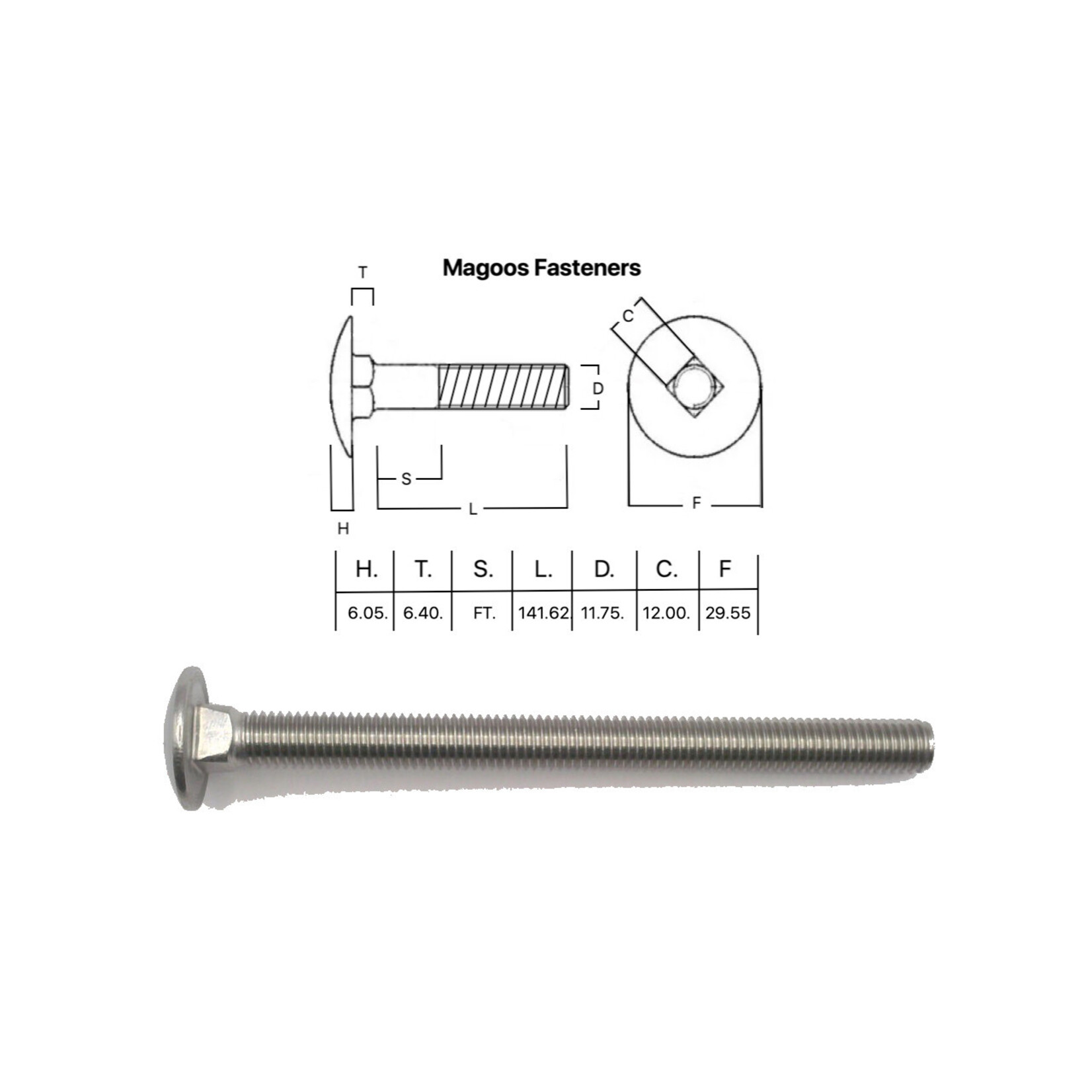 SS-316 SS316 Cup Head Bolt ISO  M12 X 150