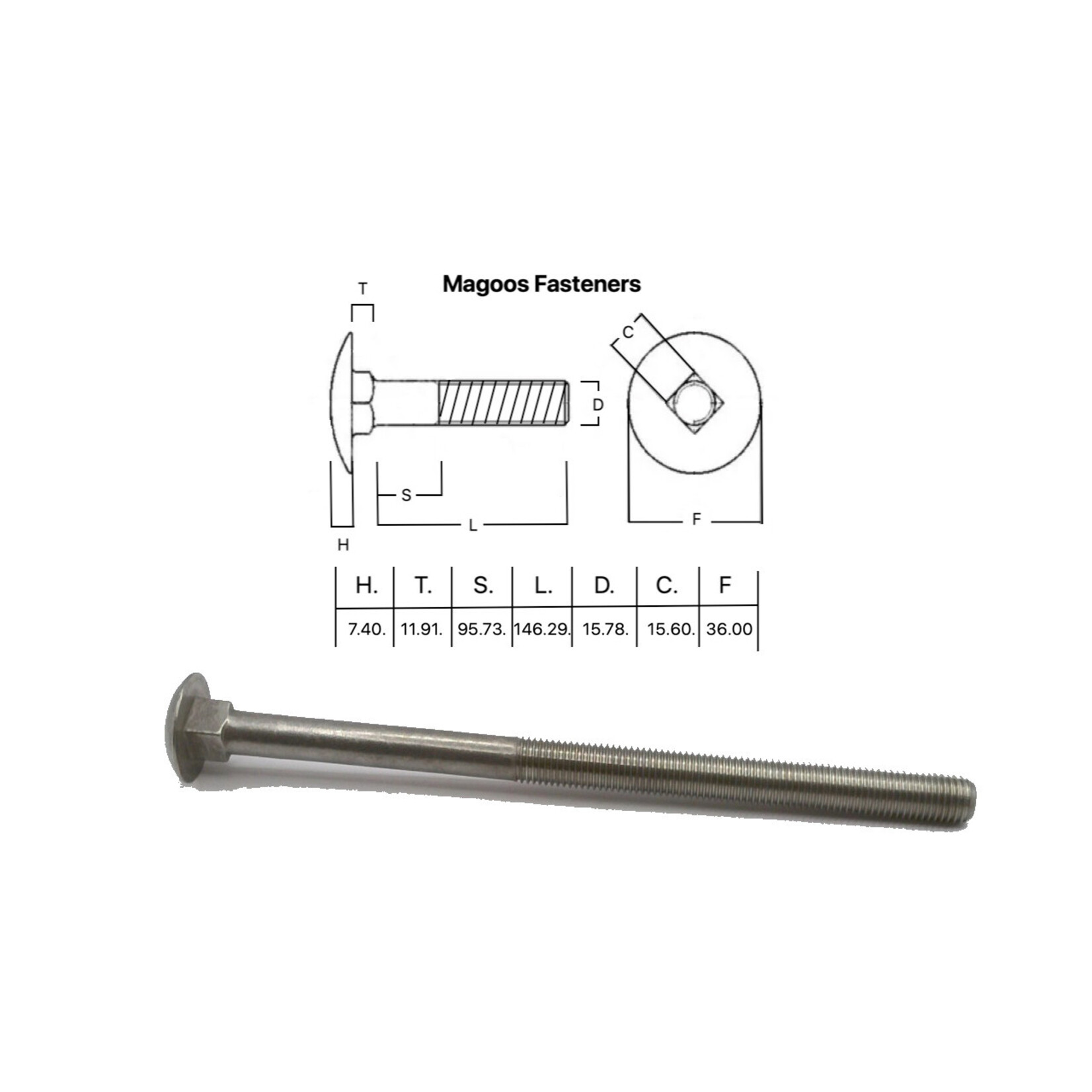 SS-316 SS316 Cup Head Bolt ISO M16 X 260