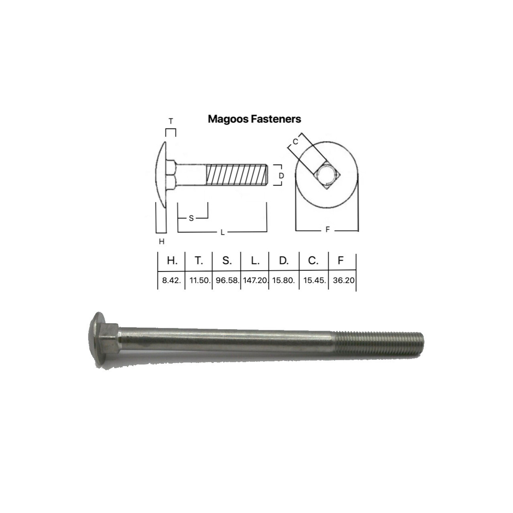 SS-316 SS316 Cup Head Bolt ISO M16 X 220