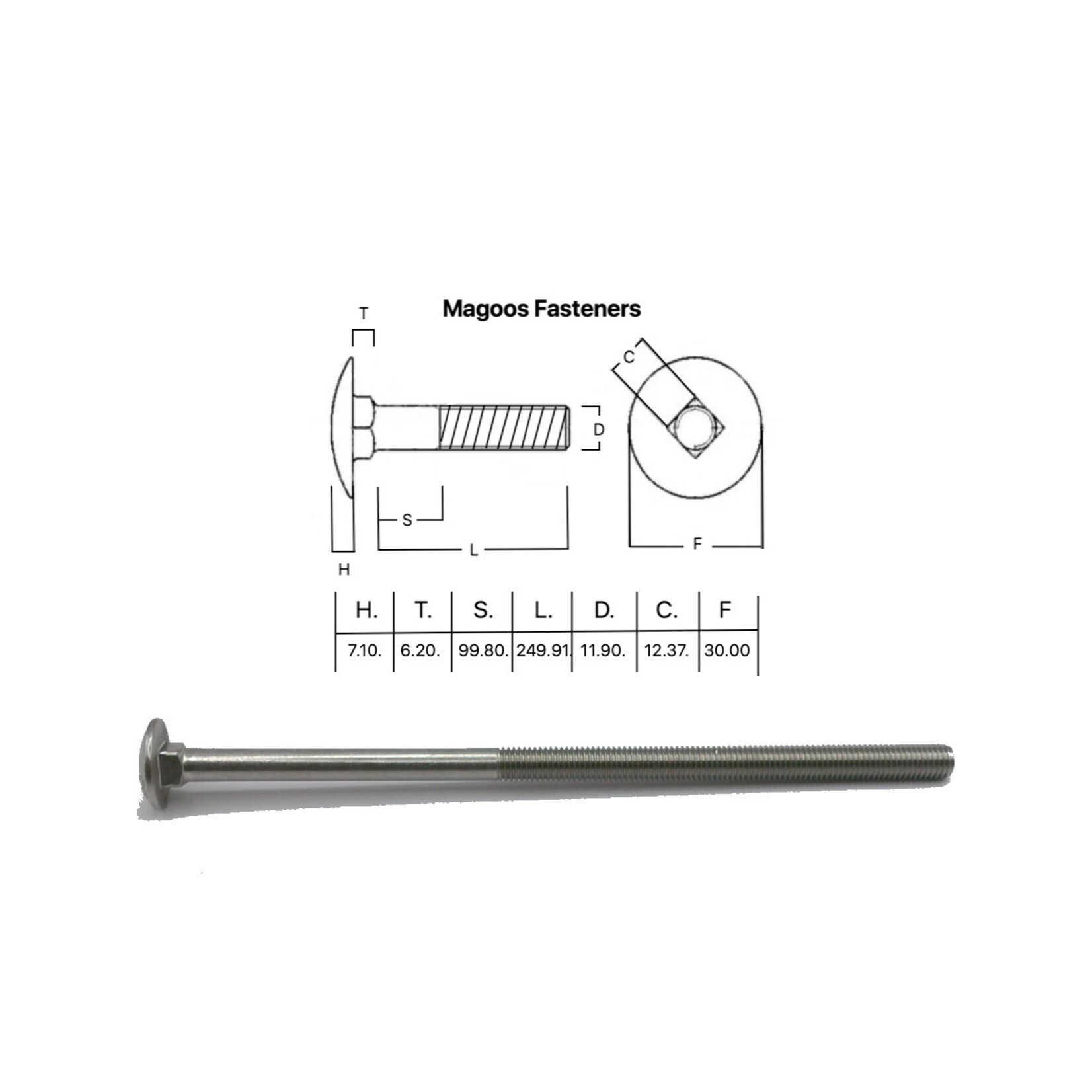 SS-316 SS316 Cup Head Bolt ISO M12 X 260