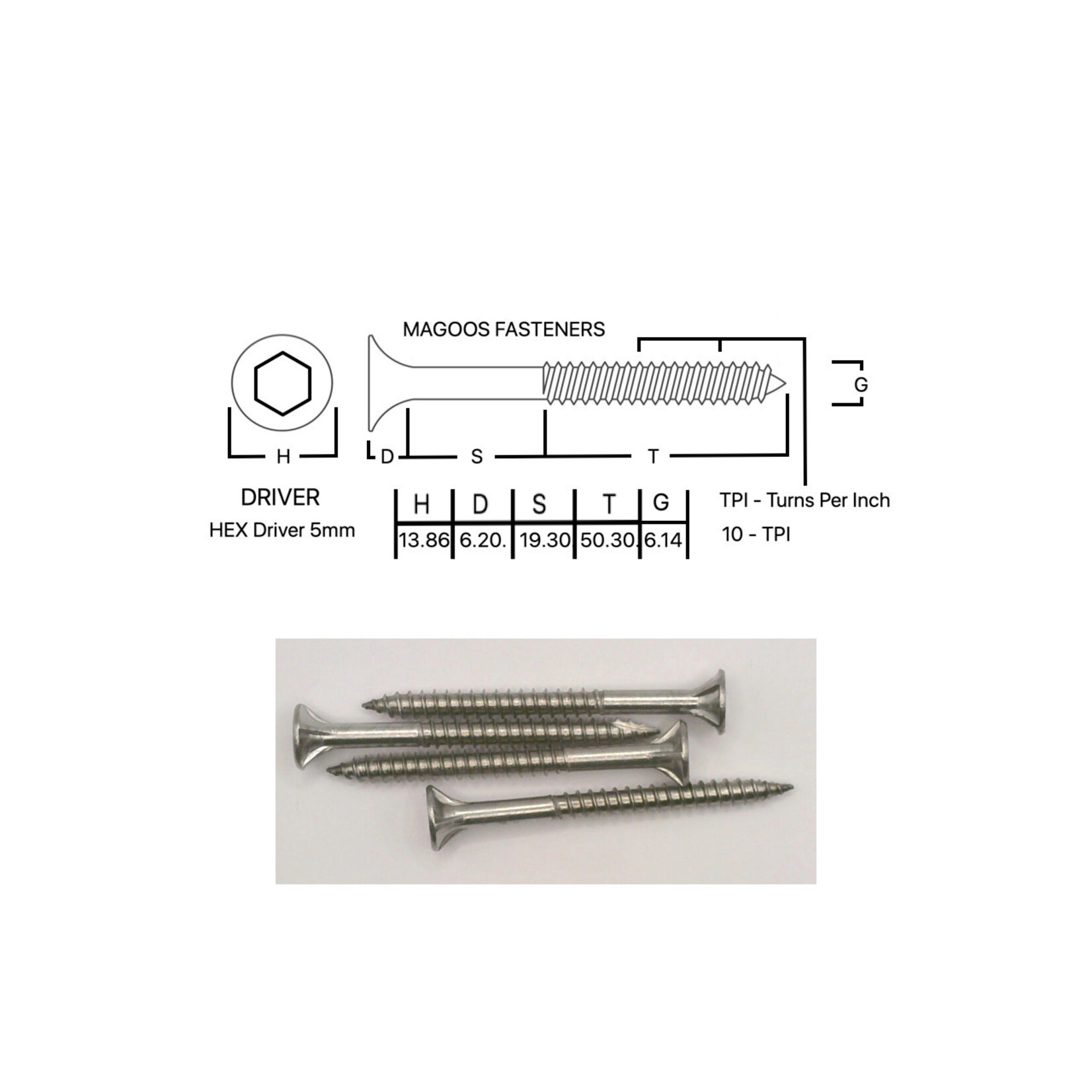 Screws SS316 Type 17 Bugle Batten 14-10 X 75 HEX Drive