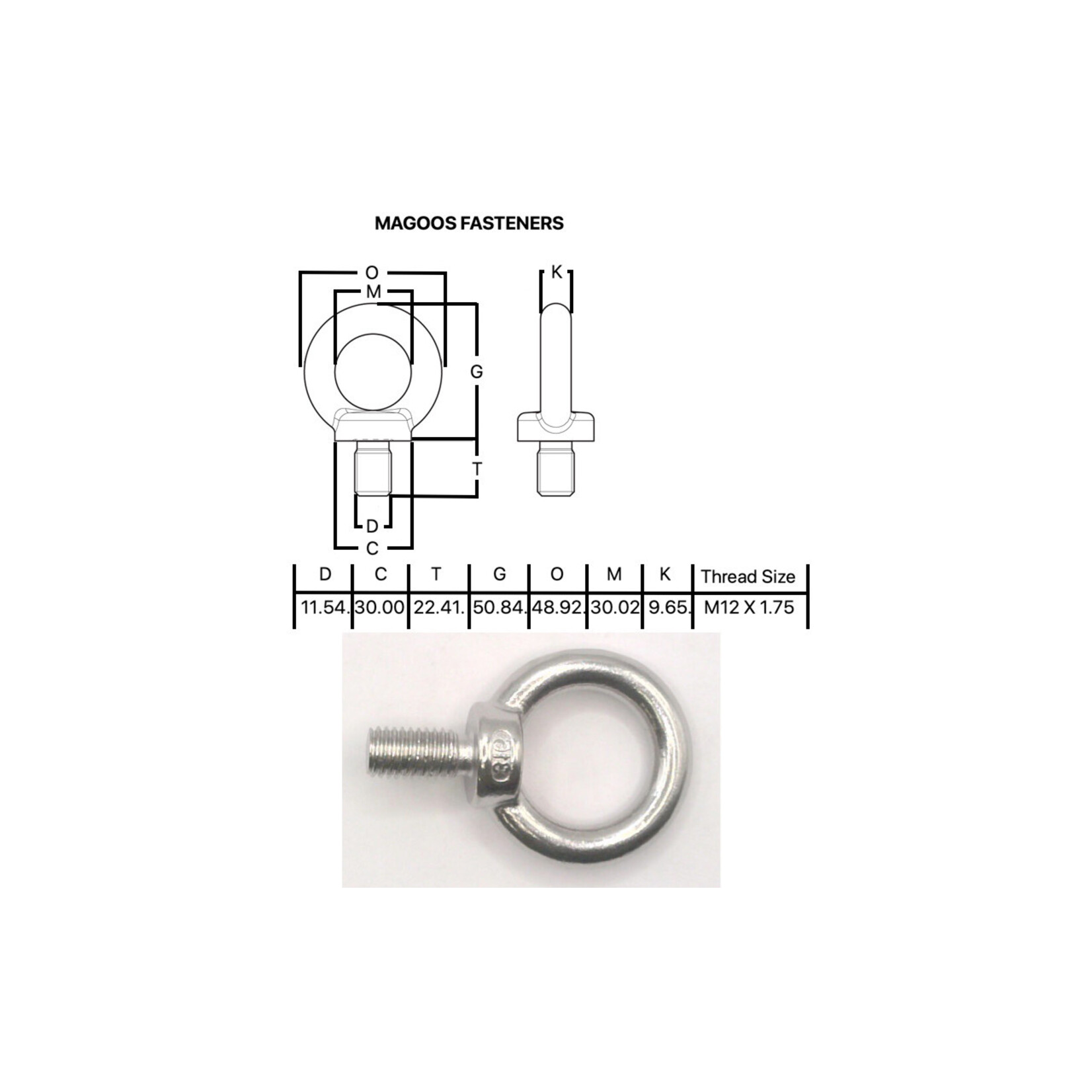 Hardware SS316 Eyebolt With Collar M12