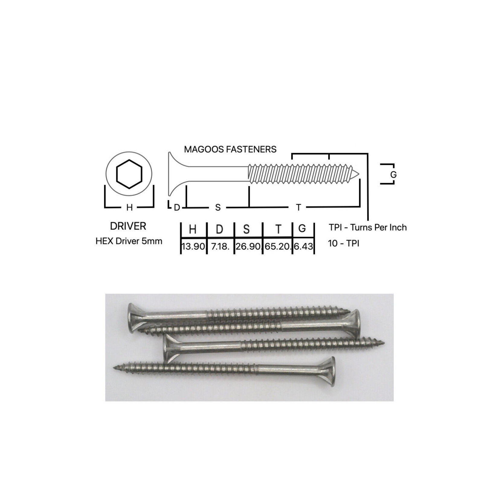 Screws SS316 Type 17 Bugle Batten 14-10 X 100 HEX Drive