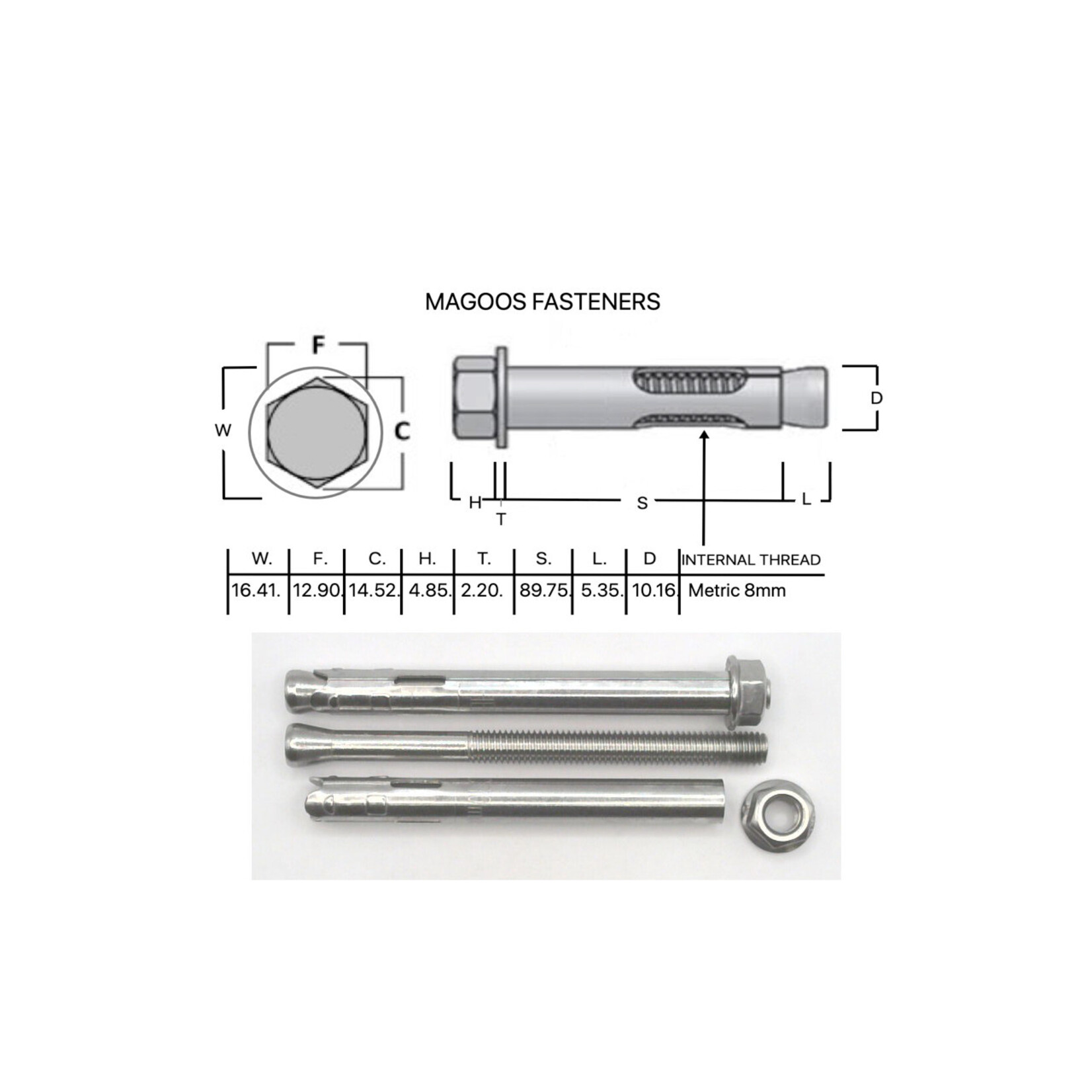 SS-316 SS316 Dynabolt W/Nut 10mm X 100