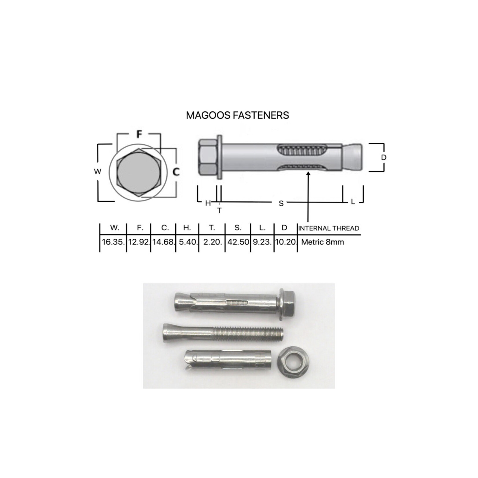 SS-316 SS316 Dynabolt W/Nut 10mm X 50
