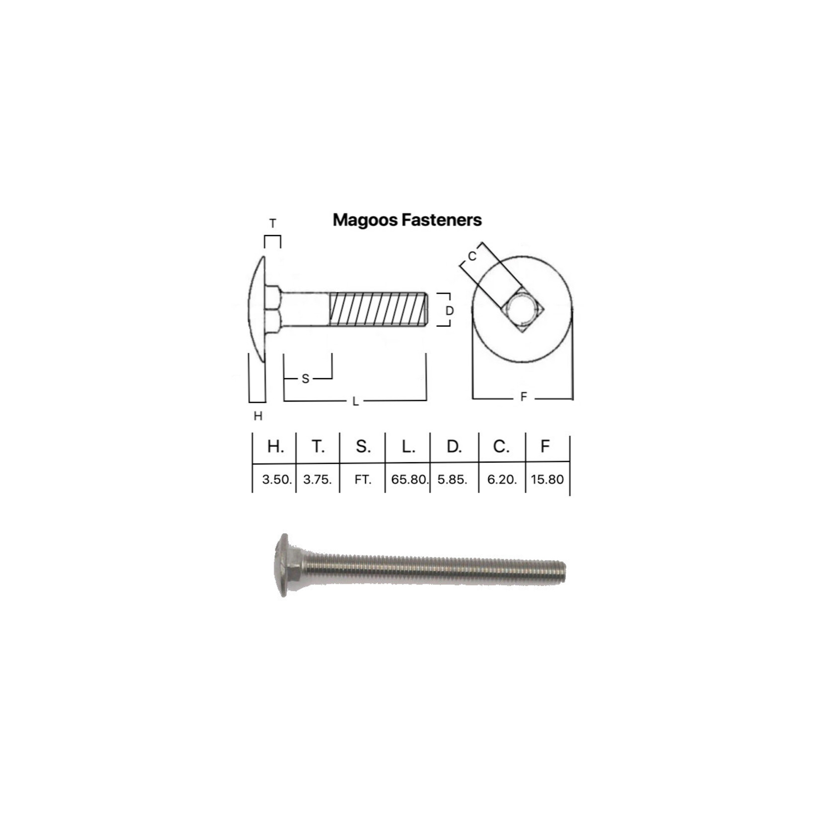 SS-316 SS316 Cup Head Bolt ISO M6 X 70
