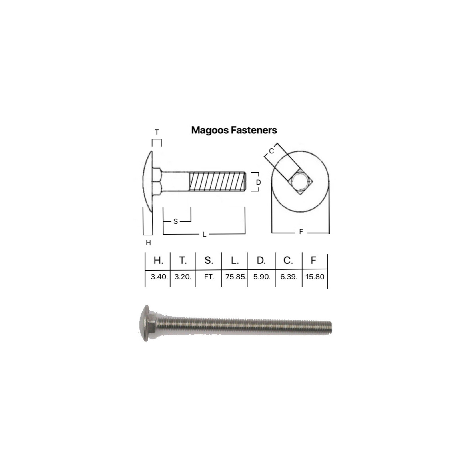 SS-316 SS316 Cup Head Bolt ISO M6 X 80