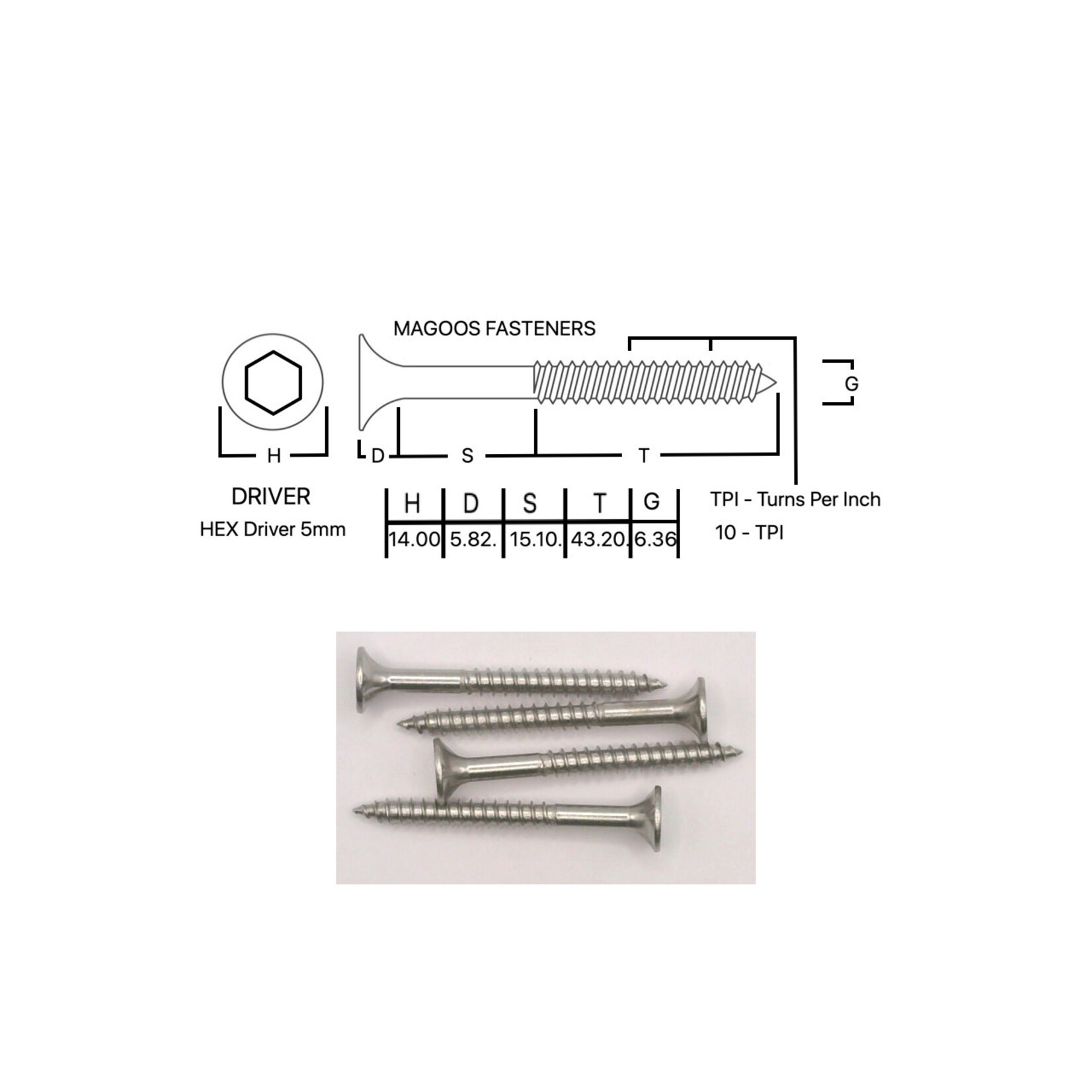 Screws SS316 Type 17 Bugle Batten 14-10 X 65 HEX Drive